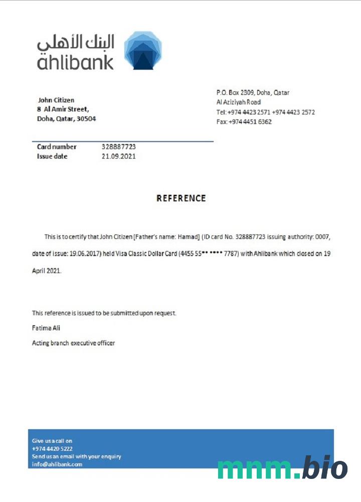 Przykład odniesienia do zamknięcia banku w Katarze Ahli w formatach Word i PDF